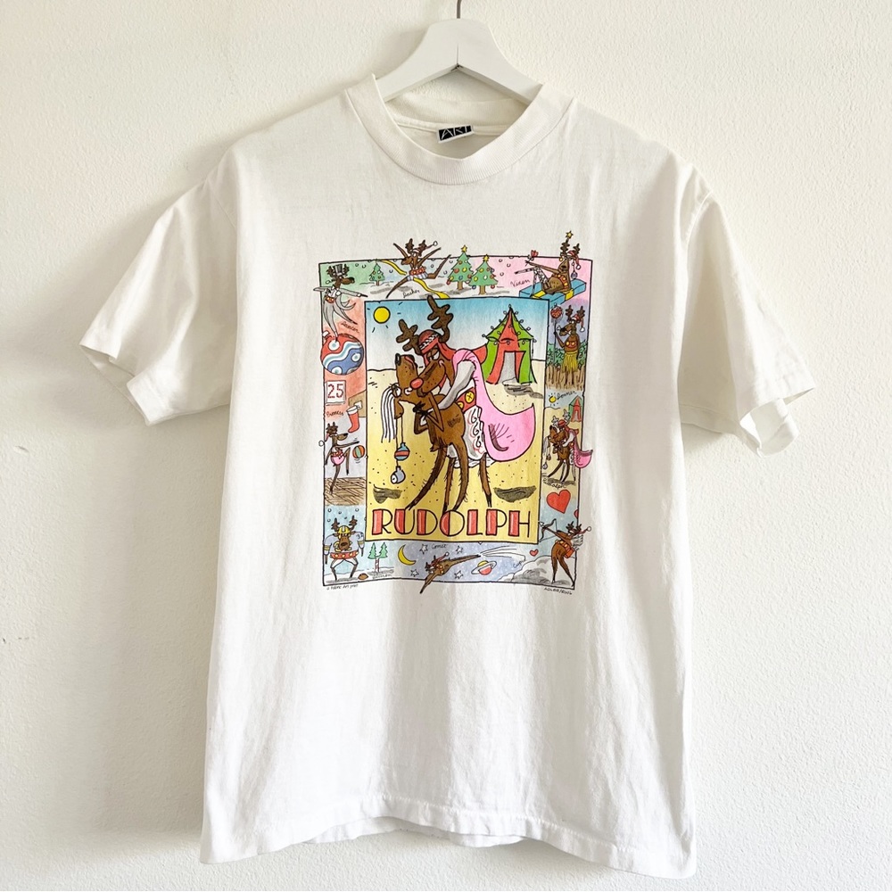 Vintage Fabric Art Graphic Tee White M Rudolph Reindeers Christmas Adler Ring